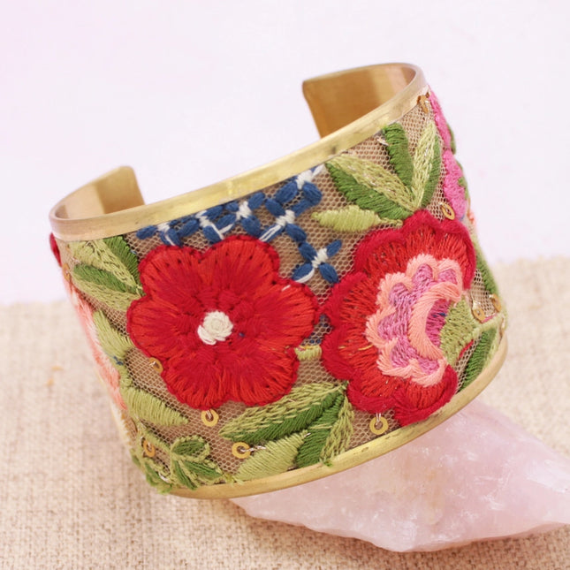 ZAD Mesh Red Flower Embroidered Elegance Cuff Bracelet