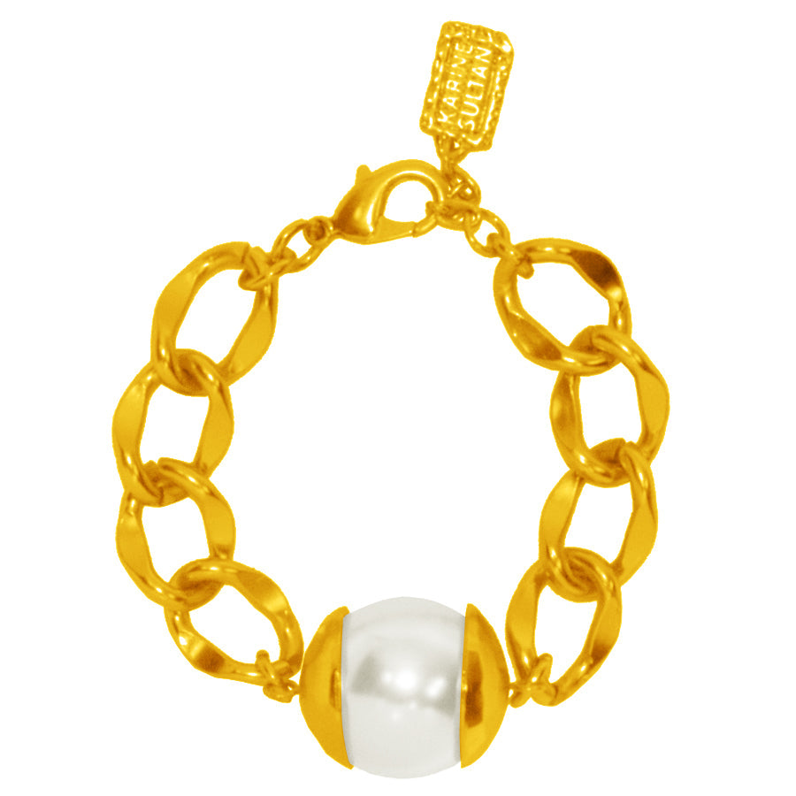 Large Pearl and Curb Link Chain Bracelet - Gold