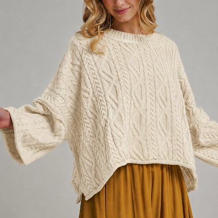 BON Oversized Cable Knit Boho Sweater - Cream