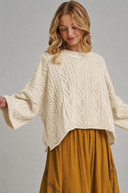 BON Oversized Cable Knit Boho Sweater - Cream