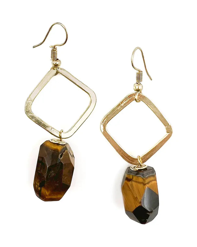 ANJU Gold-Plated Long Earrings with Tigerseye Stones