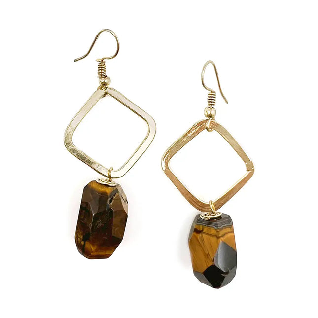 ANJU Gold-Plated Long Earrings with Tigerseye Stones