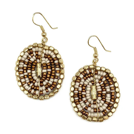 ANJU Sachi Coffee & Cream Collection Earrings - Large Beaded Oval