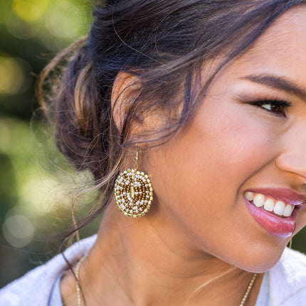 ANJU Sachi Coffee & Cream Collection Earrings - Large Beaded Oval