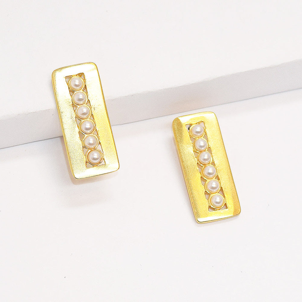 Mini Pearl Adorned Rectangular Earrings - Gold