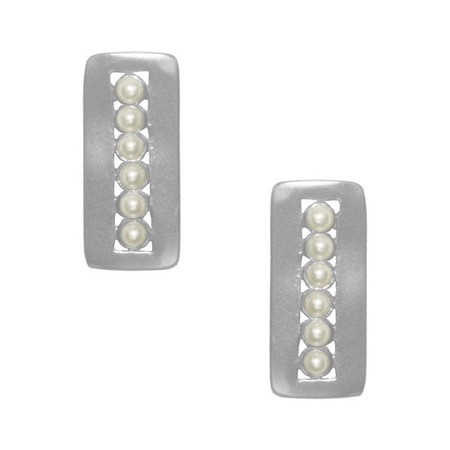 Mini Pearl Adorned Rectangular Earrings - Silver