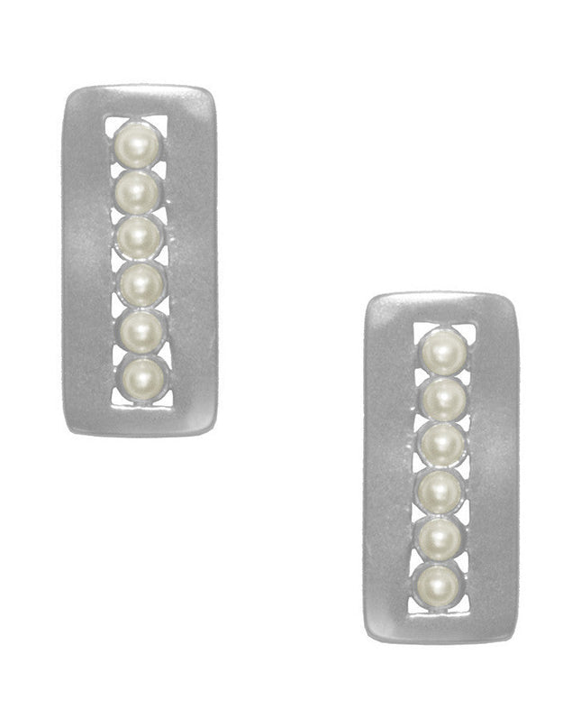 Mini Pearl Adorned Rectangular Earrings - Silver