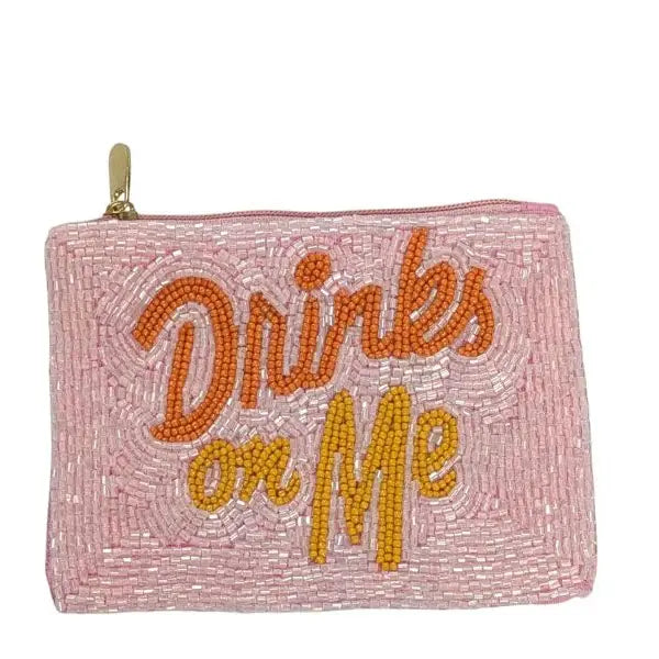 Ladies Fully Beaded Drinks On Me Themed Coin Purse