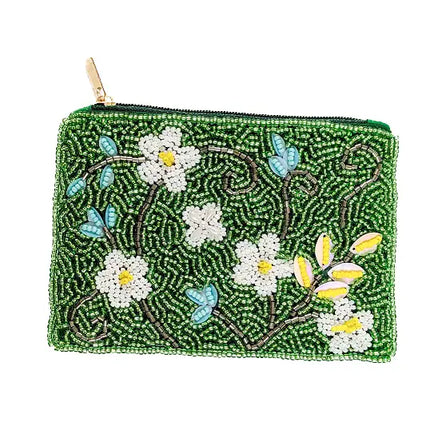 Ladies White Flowers Beaded Coin Purse