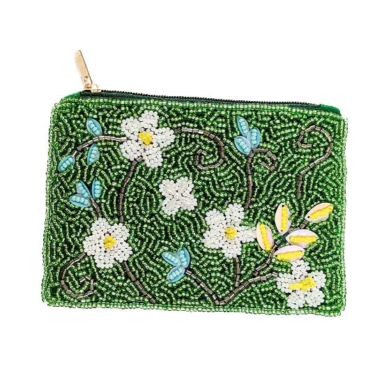 Ladies White Flowers Beaded Coin Purse