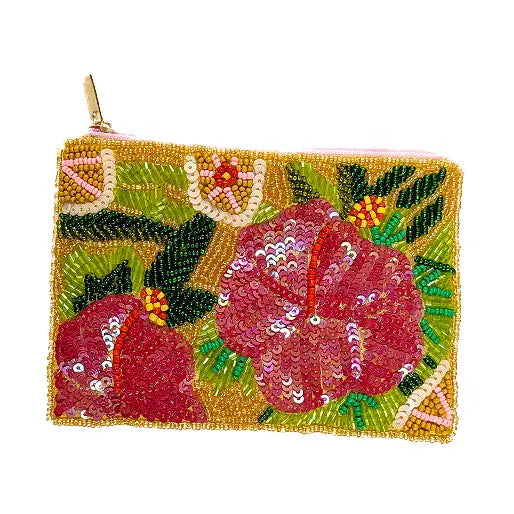 Ladies Floral Themed Beaded Coin Purse