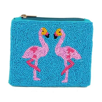 Ladies Fully Beaded Blue Flamingo Theme Coin Purse