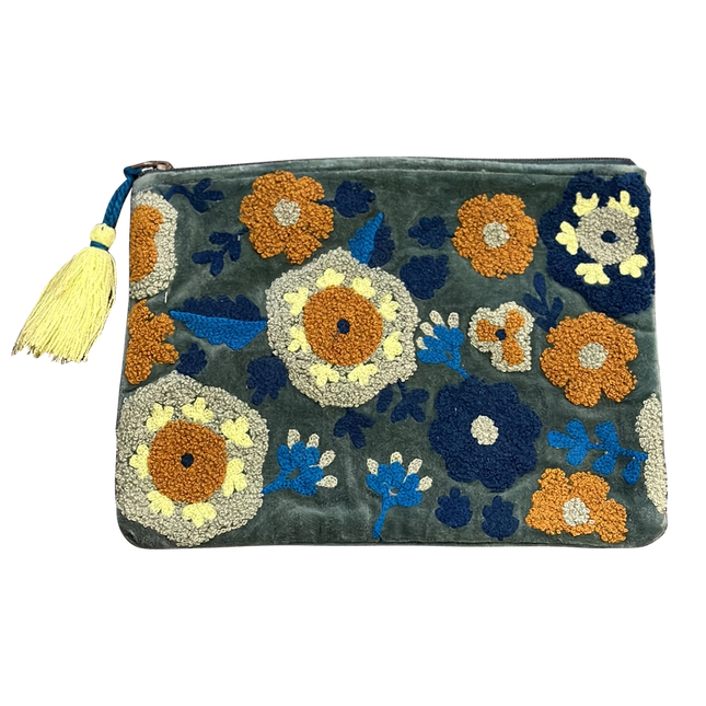 Chloe & Lex Embroidered Puffy Flowers On Soft Dark Green Pouch