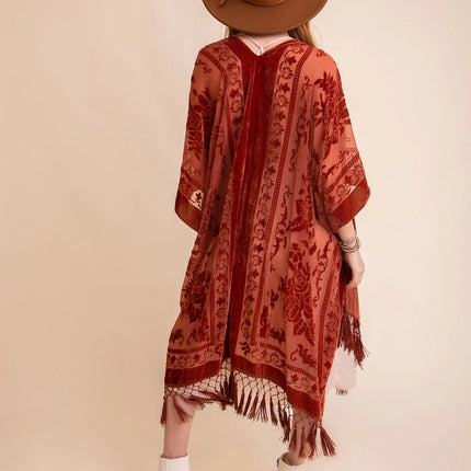 Luxe Velvet Mesh Tapestry Tassel Kimono