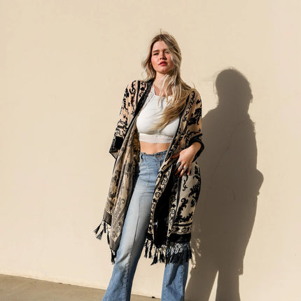 Luxe Velvet Mesh Tapestry Tassel Kimono