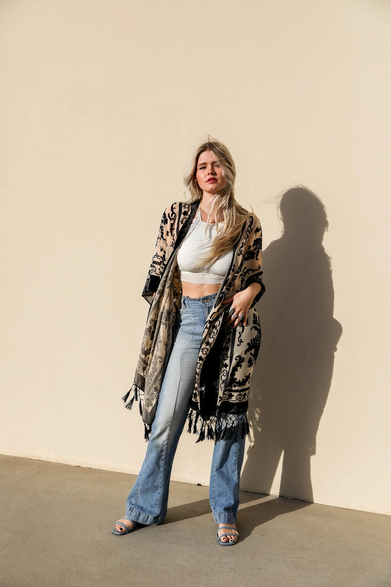 Luxe Velvet Mesh Tapestry Tassel Kimono