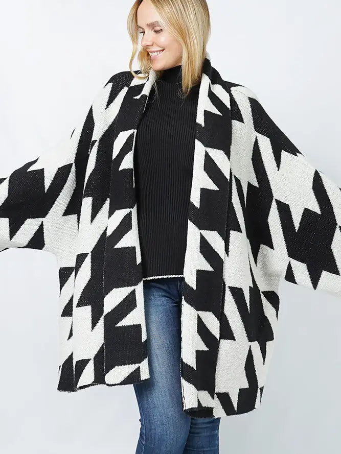 Houndstooth Pattern Knit Winter Cardigan