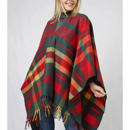 Plaid Pattern Fringe Cape