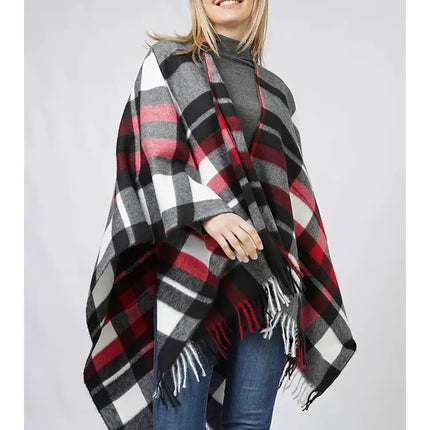 Plaid Pattern Fringe Cape