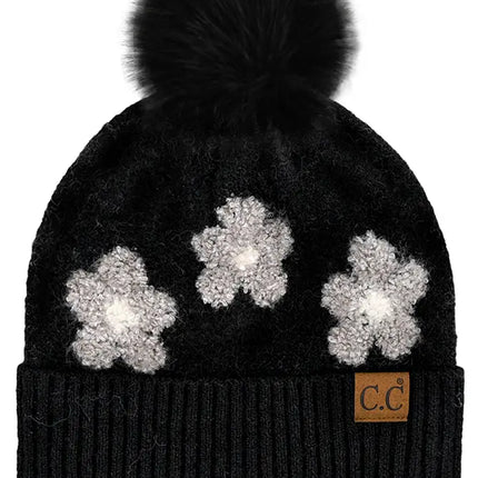 C.C.Beanie Daisy Contrast Faux Fur Pom