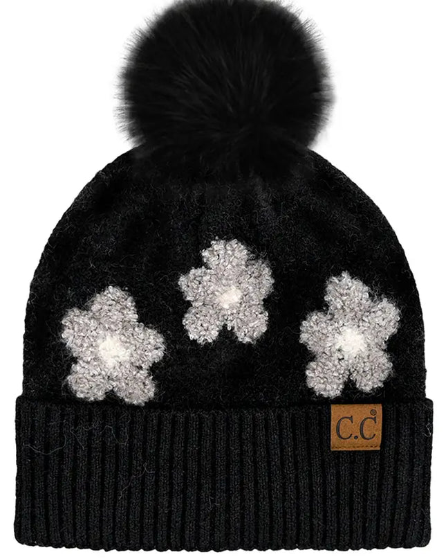 C.C.Beanie Daisy Contrast Faux Fur Pom