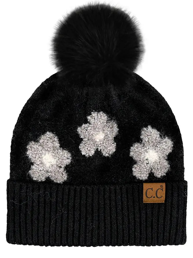 C.C.Beanie Daisy Contrast Faux Fur Pom