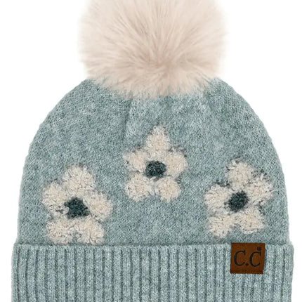 C.C.Beanie Daisy Contrast Faux Fur Pom