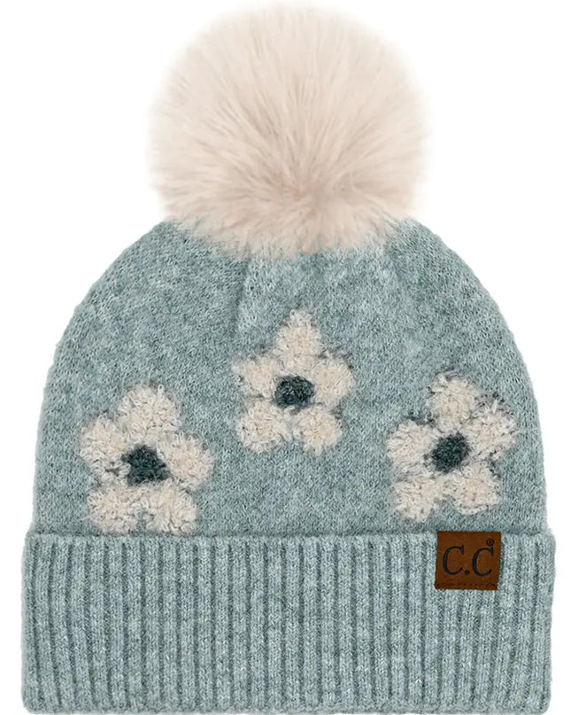 C.C.Beanie Daisy Contrast Faux Fur Pom