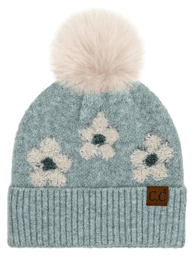 C.C.Beanie Daisy Contrast Faux Fur Pom