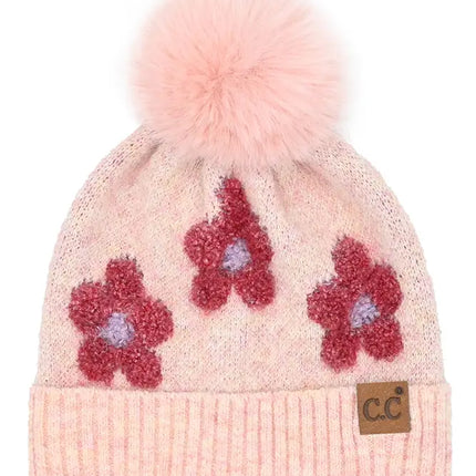 C.C.Beanie Daisy Contrast Faux Fur Pom