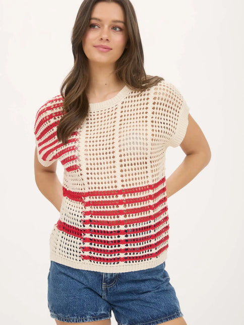 BLU PEPPER Striped Short Sleeve Sheer Crochet Knit Top