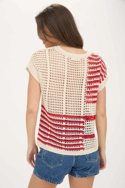 BLU PEPPER Striped Short Sleeve Sheer Crochet Knit Top