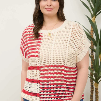 BLU PEPPER Striped Short Sleeve Sheer Crochet Knit Top
