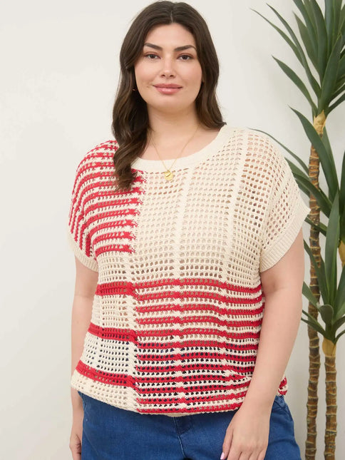 BLU PEPPER Striped Short Sleeve Sheer Crochet Knit Top