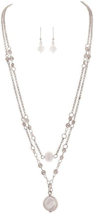 Silver Disc Chain Pearl Necklace Set