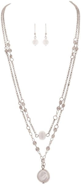 Silver Disc Chain Pearl Necklace Set