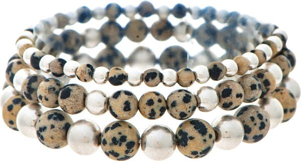 Silver Dalmatian Jasper Bead Bracelet Set