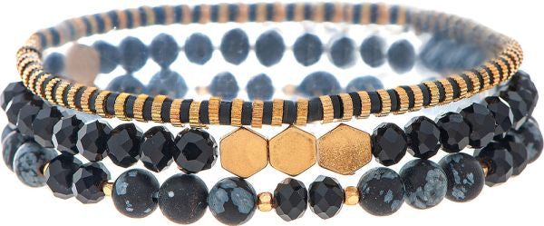 Gold Black Bead 3 Piece Bracelet Set