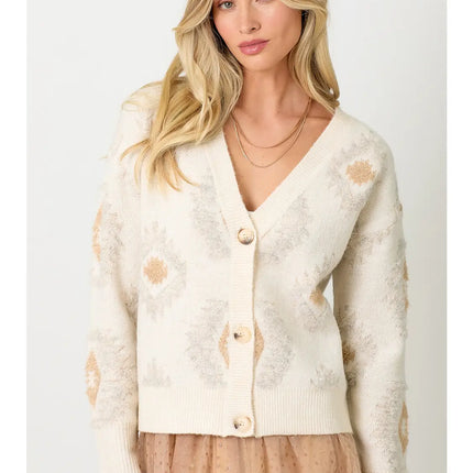 MYSTREE Aztec Pattern Button Down Cardigann - Ivory Mix