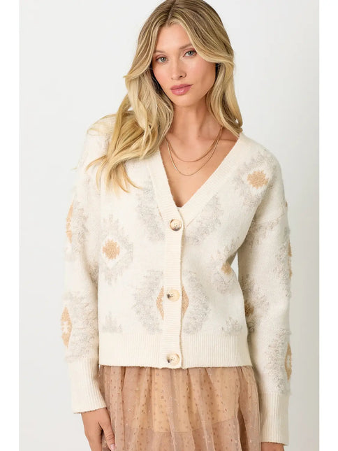 MYSTREE Aztec Pattern Button Down Cardigann - Ivory Mix