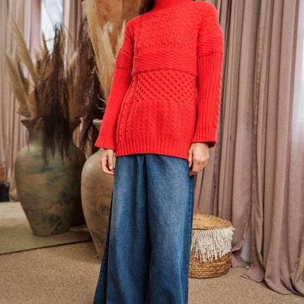 DAVI & DANI Cable Patchwork Mock Neck Pullover Sweater Top - Red
