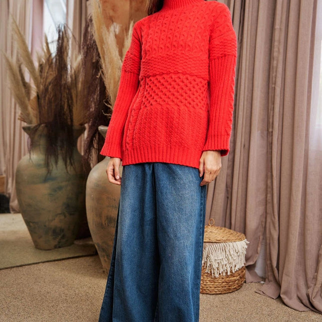 DAVI & DANI Cable Patchwork Mock Neck Pullover Sweater Top - Red