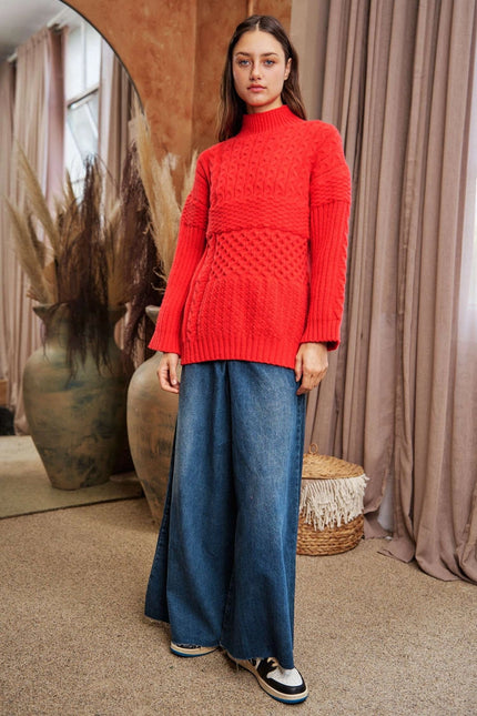 DAVI & DANI Cable Patchwork Mock Neck Pullover Sweater Top - Red