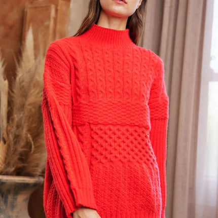 DAVI & DANI Cable Patchwork Mock Neck Pullover Sweater Top - Red