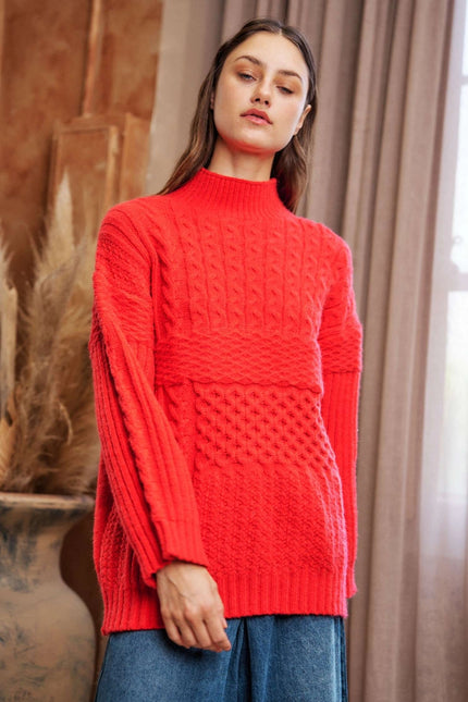 DAVI & DANI Cable Patchwork Mock Neck Pullover Sweater Top - Red