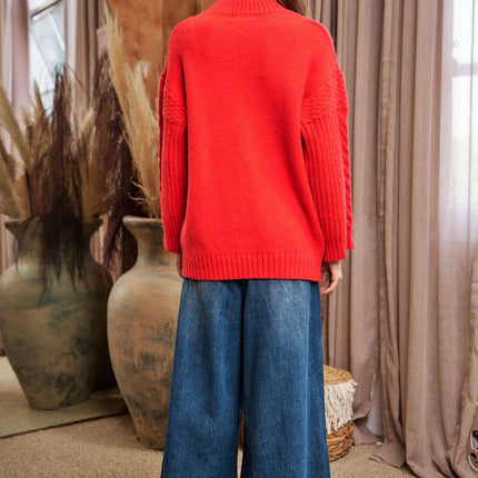 DAVI & DANI Cable Patchwork Mock Neck Pullover Sweater Top - Red
