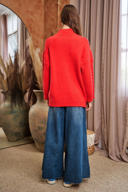 DAVI & DANI Cable Patchwork Mock Neck Pullover Sweater Top - Red