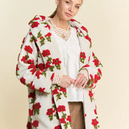 DAVI & DANI Floral Pocket Chunky Button Front Hoodie Jacket - White