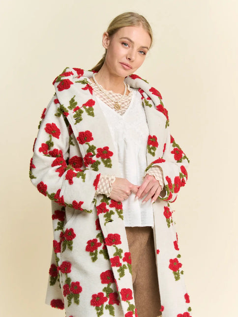DAVI & DANI Floral Pocket Chunky Button Front Hoodie Jacket - White