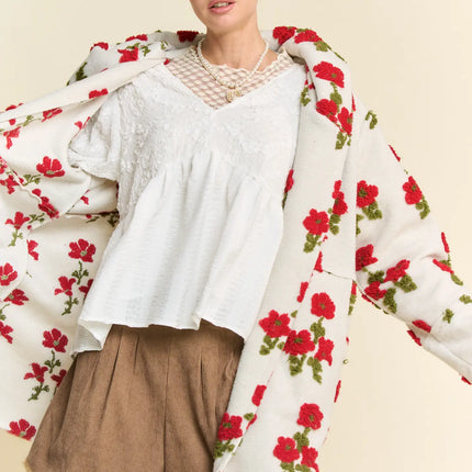 DAVI & DANI Floral Pocket Chunky Button Front Hoodie Jacket - White